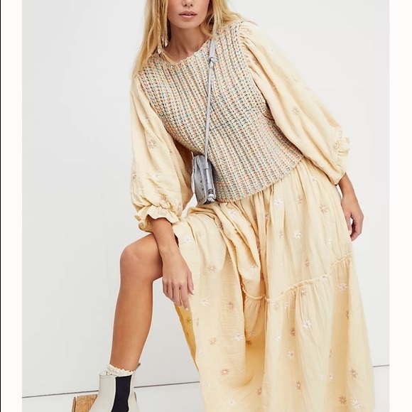 Free people sold out flower embroidered tiered smocked dress with balloon sleeve - Picture 3 of 9